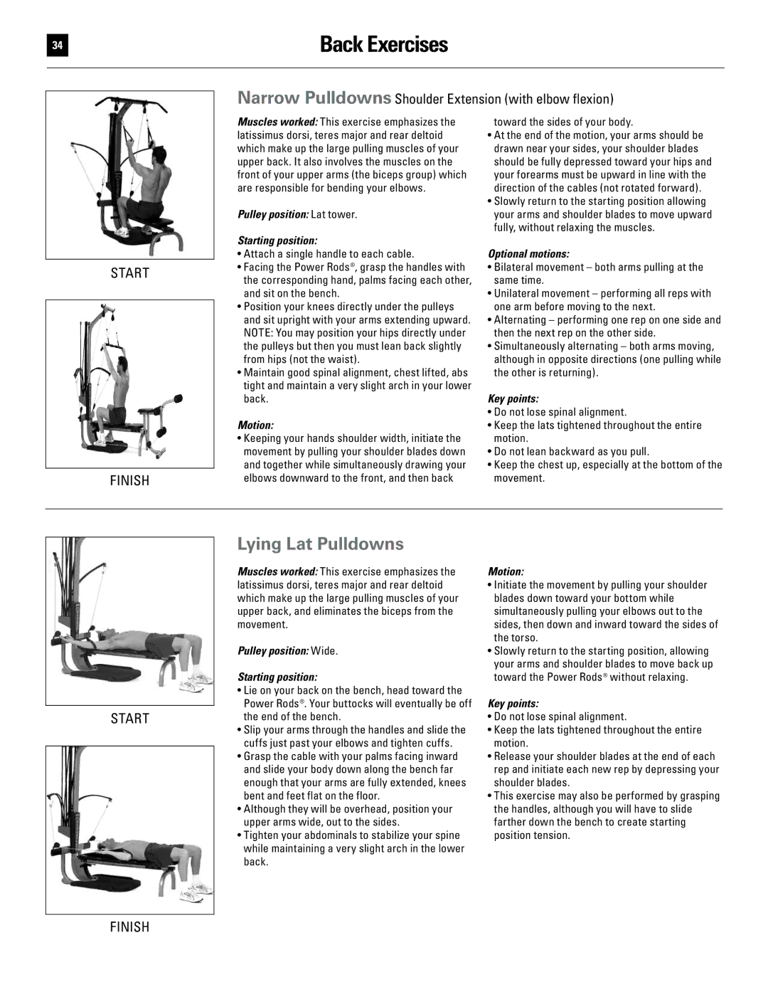 Bowflex 51370 manual Back Exercises, Lying Lat Pulldowns, Narrow Pulldowns Shoulder Extension with elbow flexion 